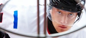 hockey player staring at the camera